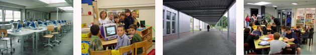 Salle d\'ordinateurs, des élèves d\'une classe enfantine et la halle d\'entrée d\'une école.